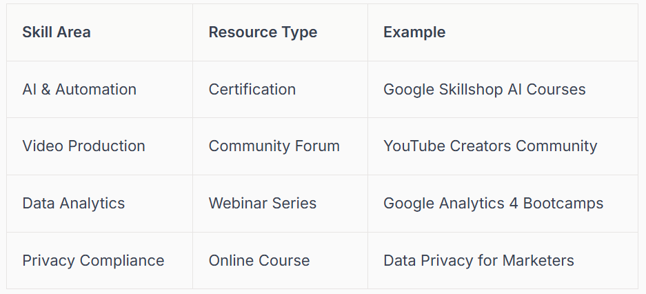 Table of skill areas, resource types, and examples: AI & Automation, Video Production, Data Analytics, Privacy Compliance.