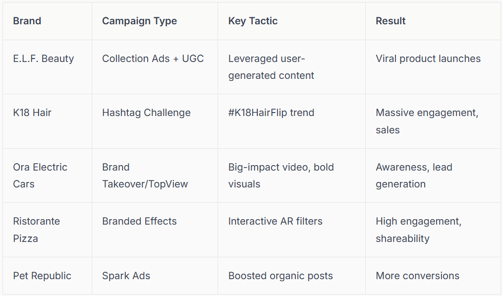 Table summarizing social media campaigns, including brand, campaign type, key tactic, and result.