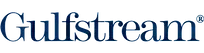 A blue and white logo for gulfstream on a white background.