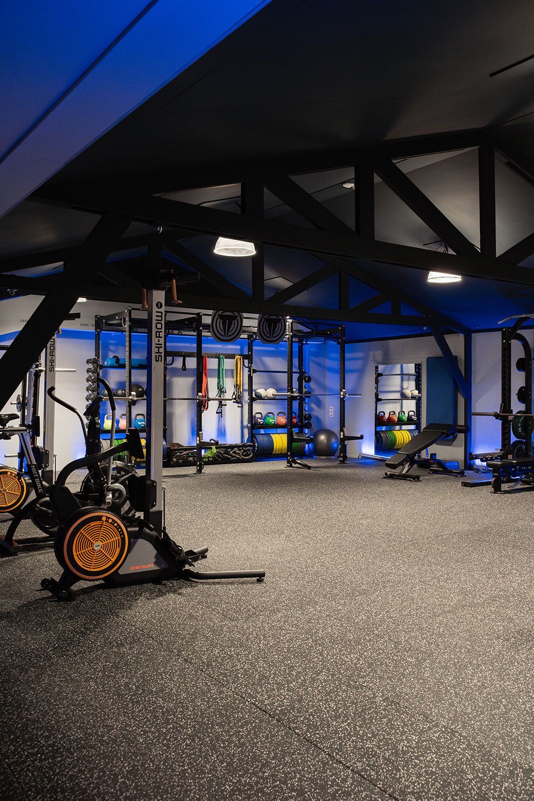 Een sportschool met veel fitnessapparatuur en een blauw plafond.