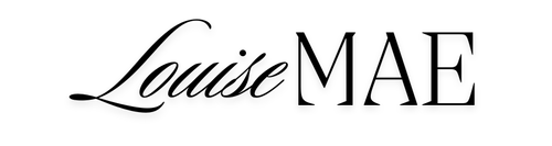 A black and white logo for louise mae on a white background.