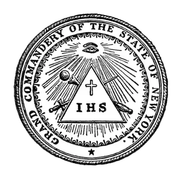 Black-and-white Great Commandery of the State of New York seal with triangular symbol and rays