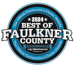 2024 Best of Faulkner County Fence Company awards badge for Log Cabin Democrat, blue and black circular logo