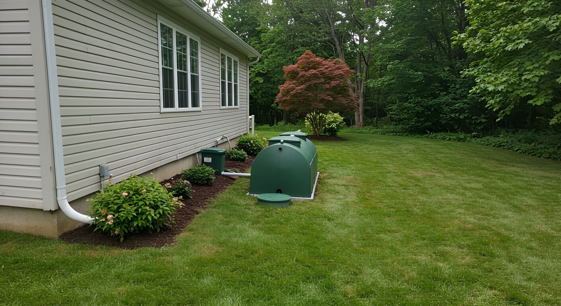 Residential septic tank system installed beside a home with a landscaped lawn Residential septic tank system installed beside a home with a landscaped lawn