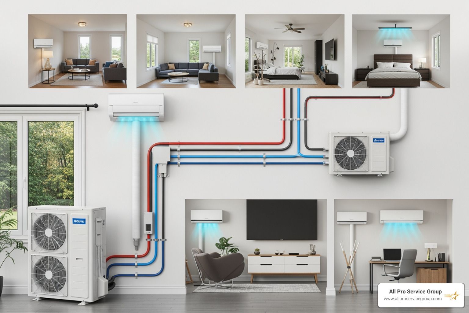 A multi-zone outdoor unit connecting to several indoor units in different rooms - ductless mini splits A multi-zone outdoor unit connecting to several indoor units in different rooms - ductless mini splits