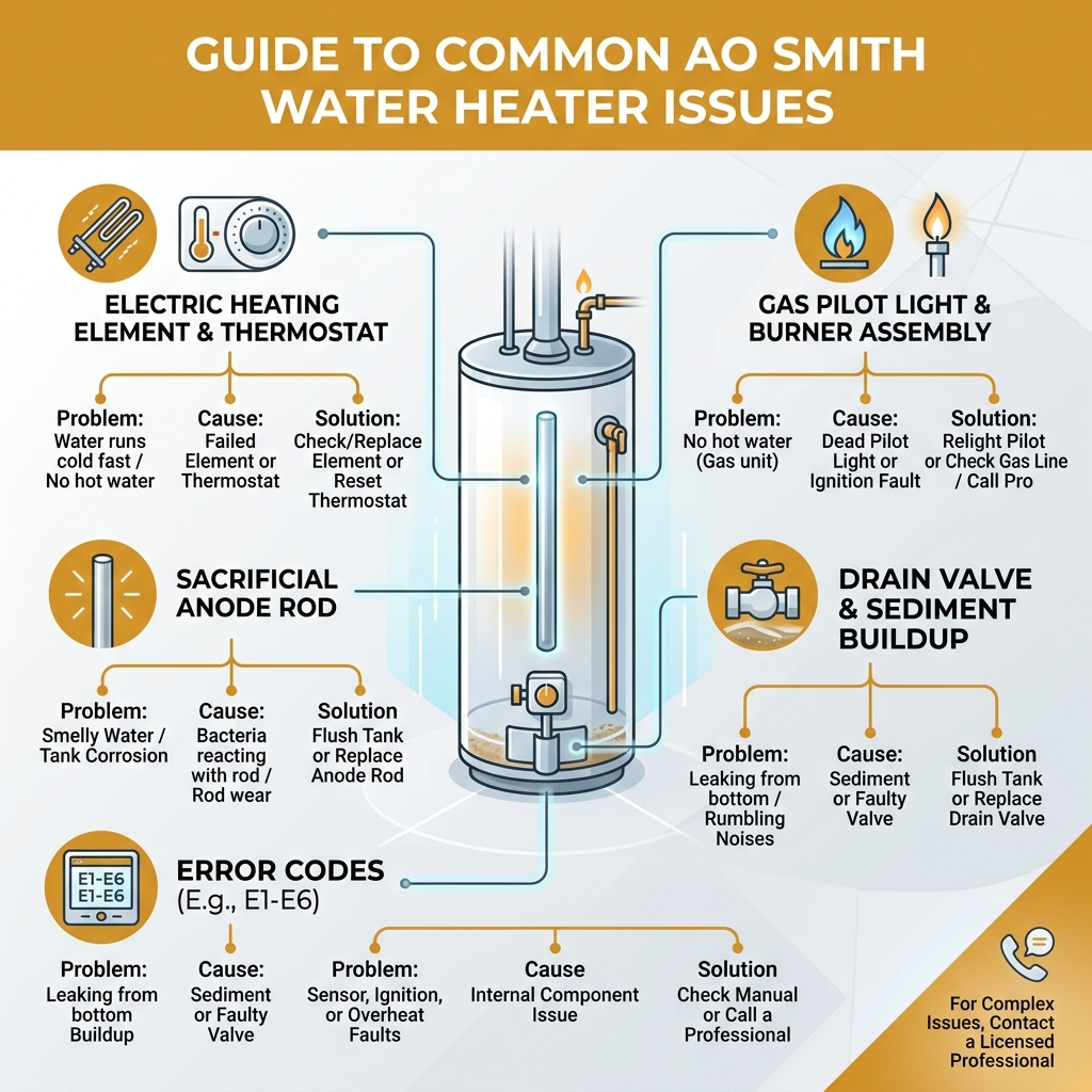Common AO Smith water heater components, problems, and repair solutions infographic - ao smith hot water heater repair