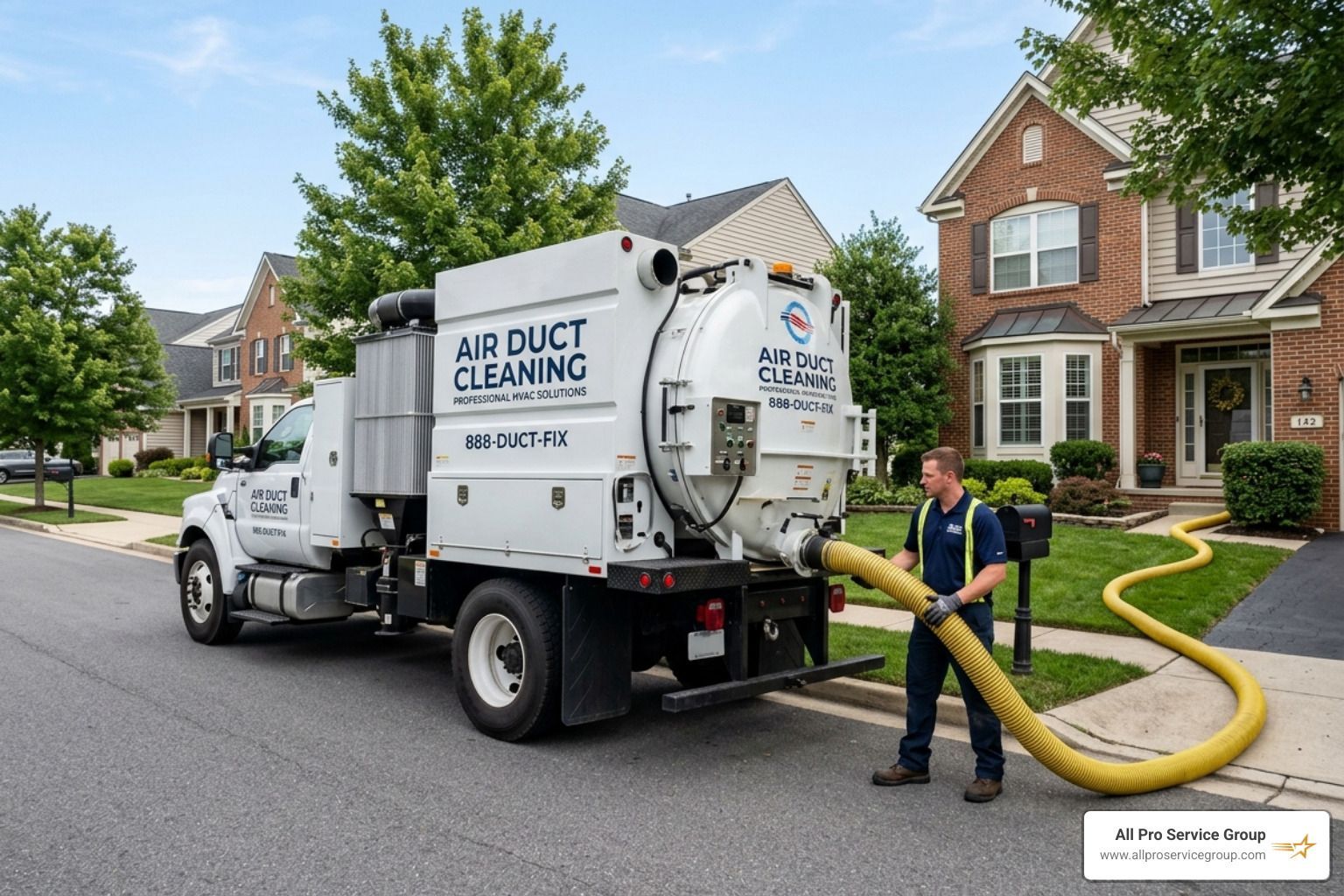 High-powered truck-mounted vacuum equipment used for residential air duct cleaning - residential air