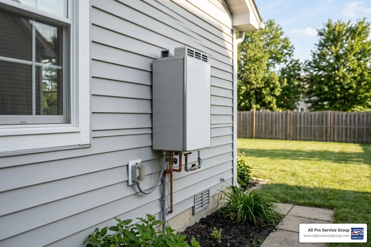 external tankless water heater mounted on exterior wall
