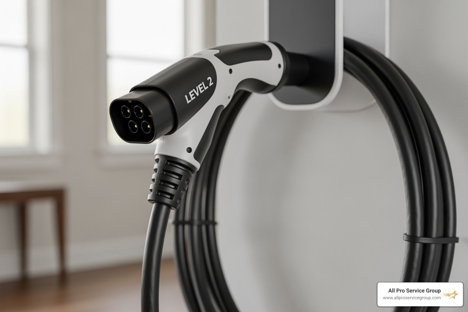 Electric vehicle charging connector mounted on a wall with coiled cable in a bright room
