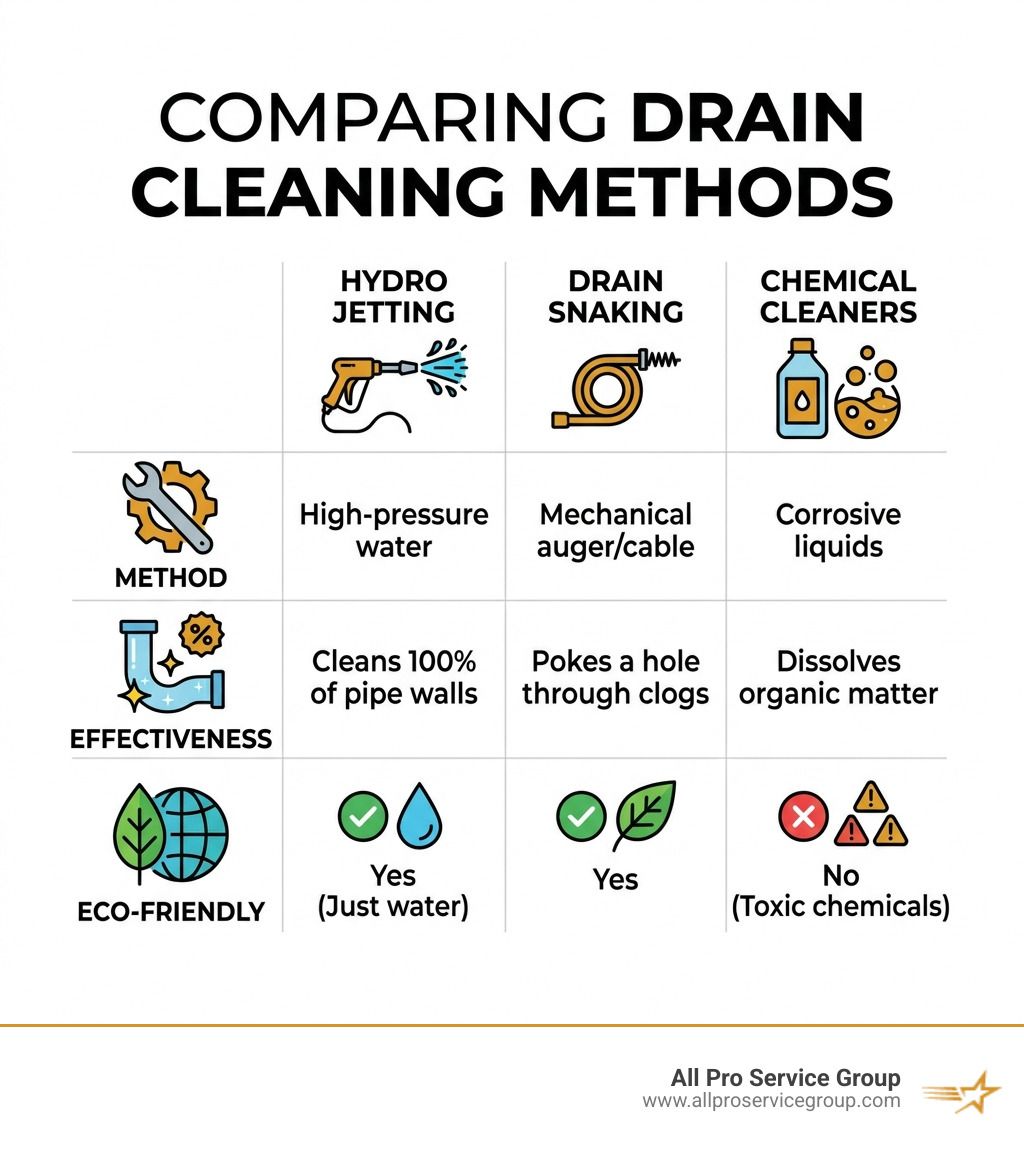 Table comparing Hydro Jetting vs. Snaking vs. Chemical Cleaners - hydro jetting infographic Table comparing Hydro Jetting vs. Snaking vs. Chemical Cleaners - hydro jetting infographic