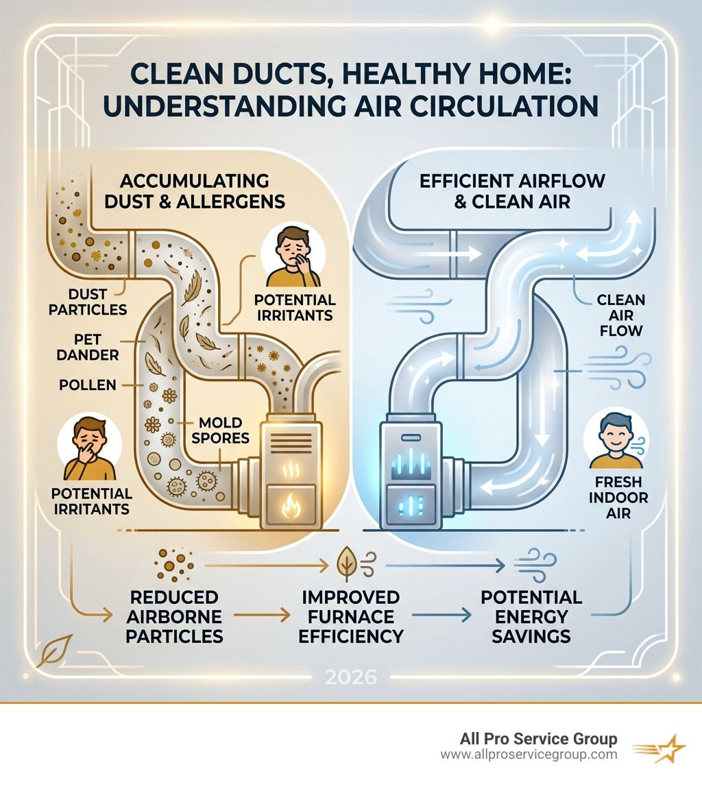infographic showing how dust and allergens circulate through a home HVAC duct system - furnace cleaning duct infographic infographic showing how dust and allergens circulate through a home HVAC duct system - furnace cleaning duct infographic