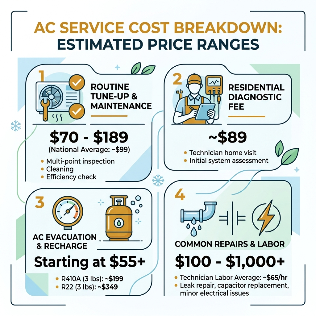AC service cost breakdown infographic with price ranges for tune-ups, diagnostics, recharges, and repairs - ac service AC service cost breakdown infographic with price ranges for tune-ups, diagnostics, recharges, and repairs - ac service