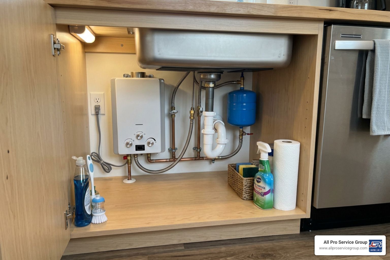 110v tankless hot water heater compact unit installed in tiny home kitchen
