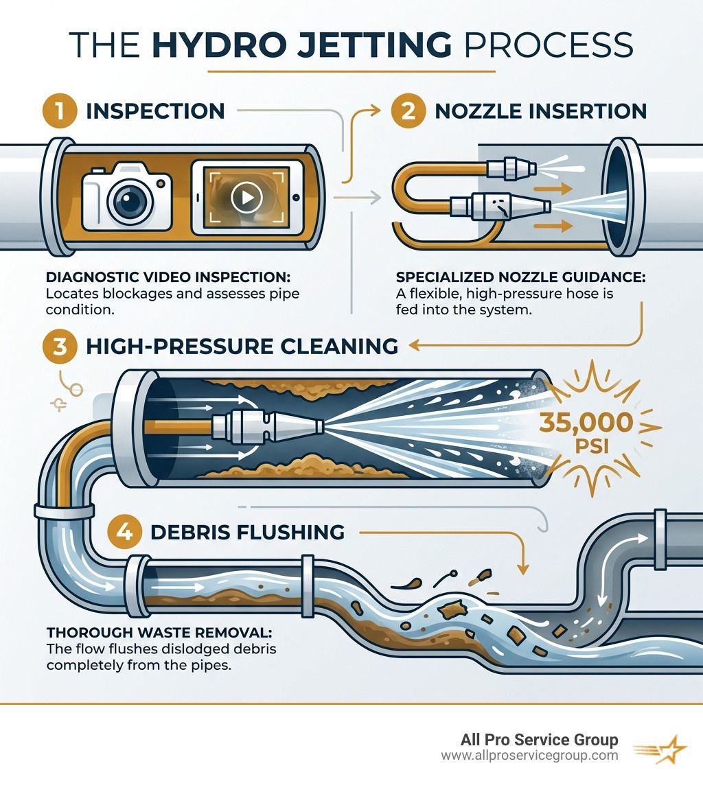 Infographic showing the hydro jetting process: inspection, nozzle insertion, high-pressure cleaning, debris flushing - hydro Infographic showing the hydro jetting process: inspection, nozzle insertion, high-pressure cleaning, debris flushing - hydro