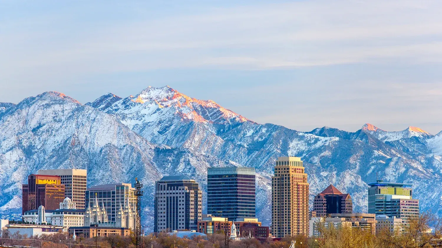 Salt Lake Valley skyline and snowy mountains