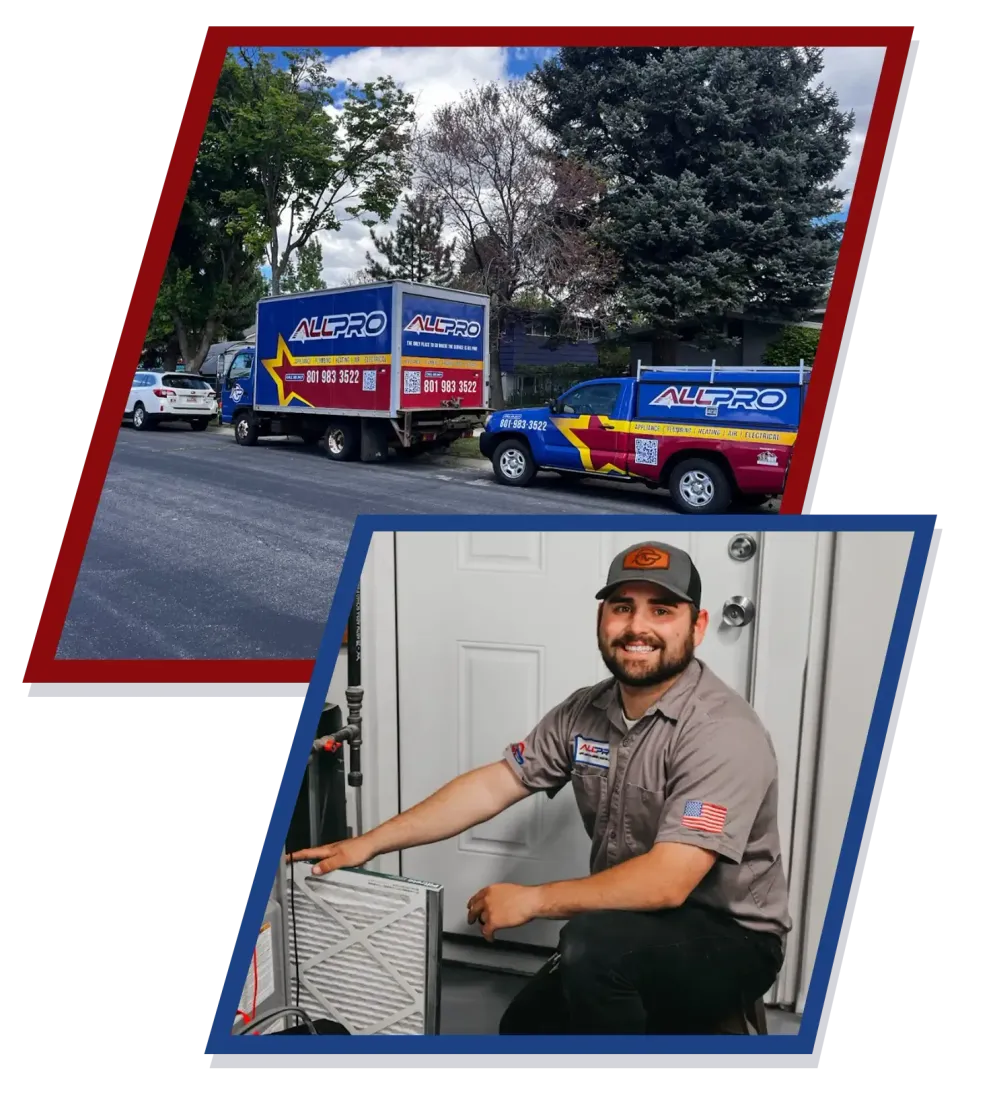 Man in uniform by AC unit, and company trucks; red and blue colors. Man in uniform by AC unit, and company trucks; red and blue colors.