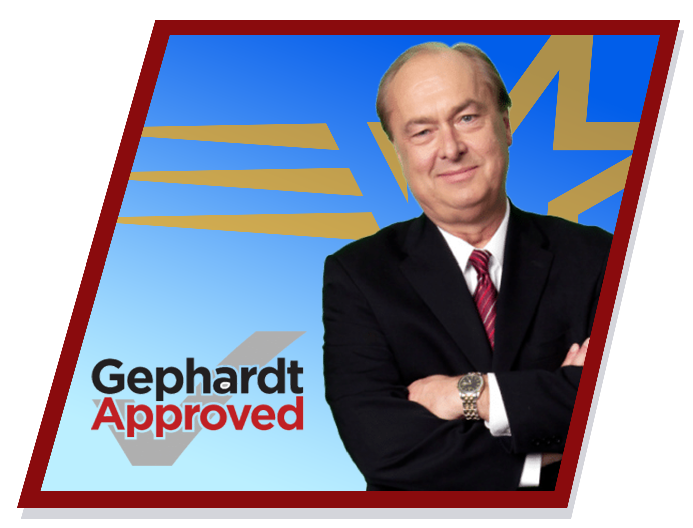 Gephardt in suit, arms crossed, smiling, against a blue background with gold star and stripes, 