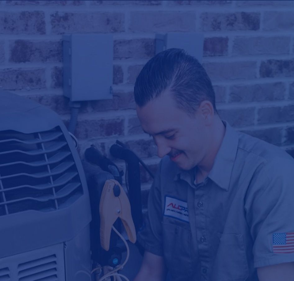 HVAC technician, smiling, servicing an air conditioner unit, brick wall background.