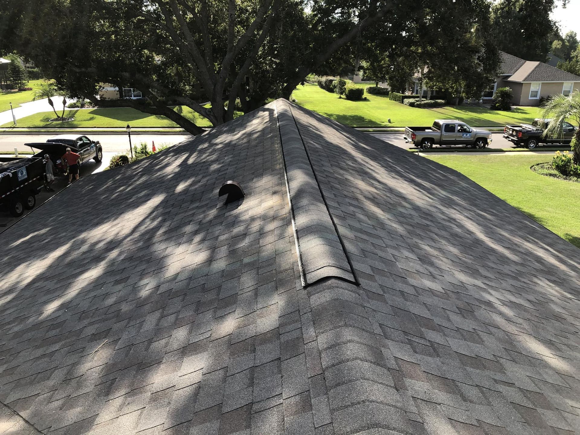 A shingled roof with a vent, tree shadows, and a street view.