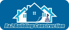 Logo for R&L Building Construction, featuring blue houses and text on a blue background.
