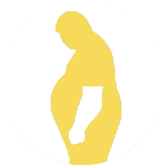 Yellow silhouette of a person bending forward, with a cutout of a foot on the stomach.