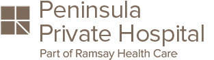 Logo of Peninsula Private Hospital, part of Ramsay Health Care. Gray text and logo on a white background.