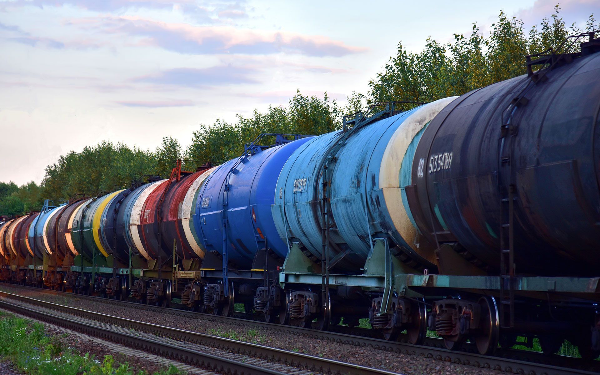 Train cars, various colors, on tracks, trees in background, dusk.