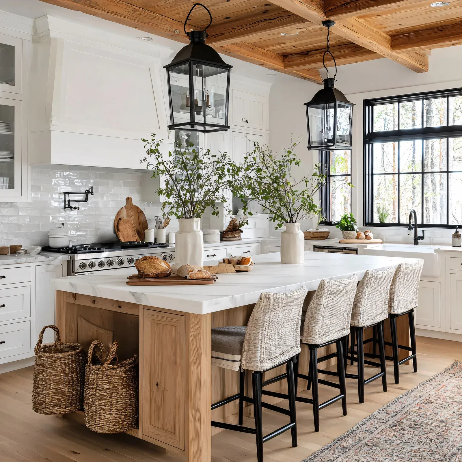 Kitchen with light wood ceiling, white cabinets, island with stools, and black lantern lights.