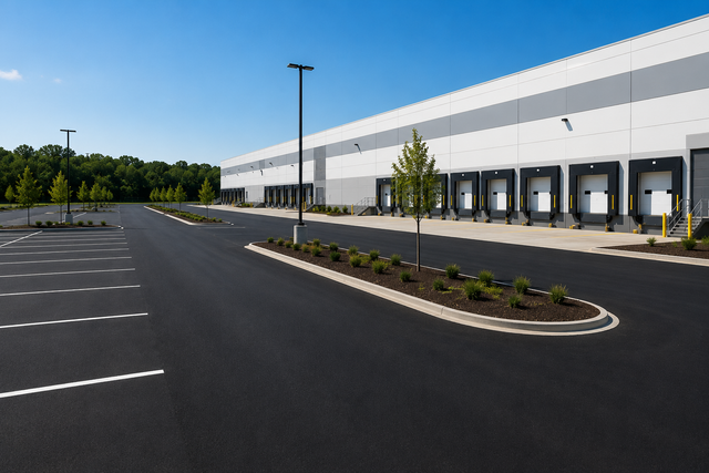 Empty warehouse parking lot with loading docks and a long white industrial building
