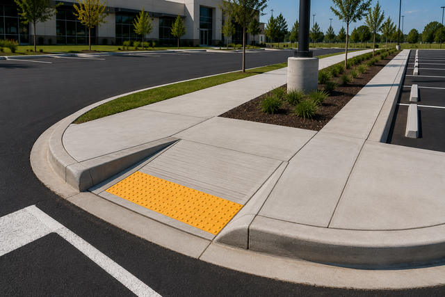 Curved concrete curb ramp with yellow tactile paving at a parking lot entrance near a landscaped sidewalk