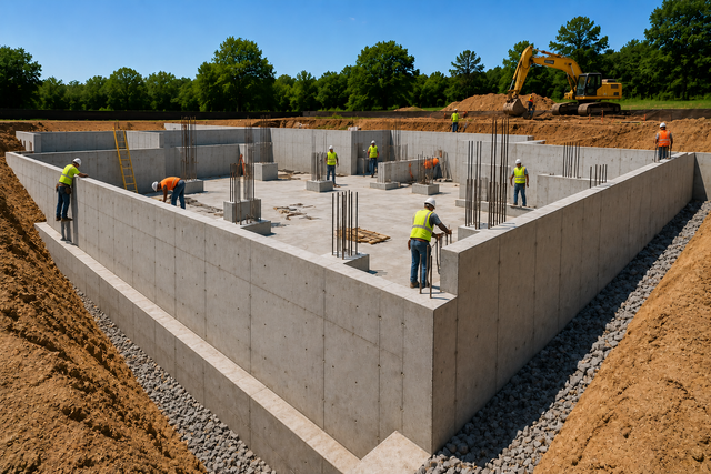 Construction workers inside a concrete foundation pit at an active building site