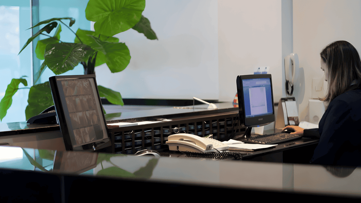 Uma mulher está sentada em uma mesa em frente a um computador.