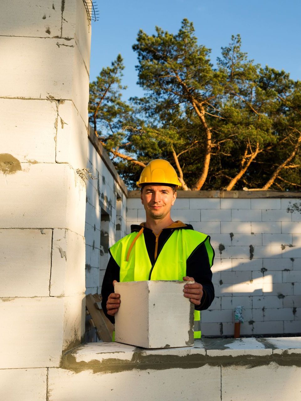 builder holds a block of concrete
