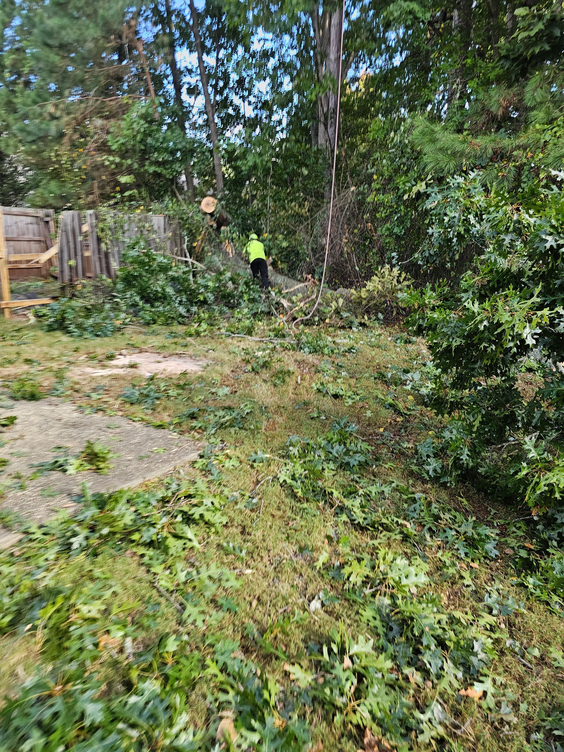 A person in high-visibility gear works to clear tree debris in a backyard near a wooden fence.