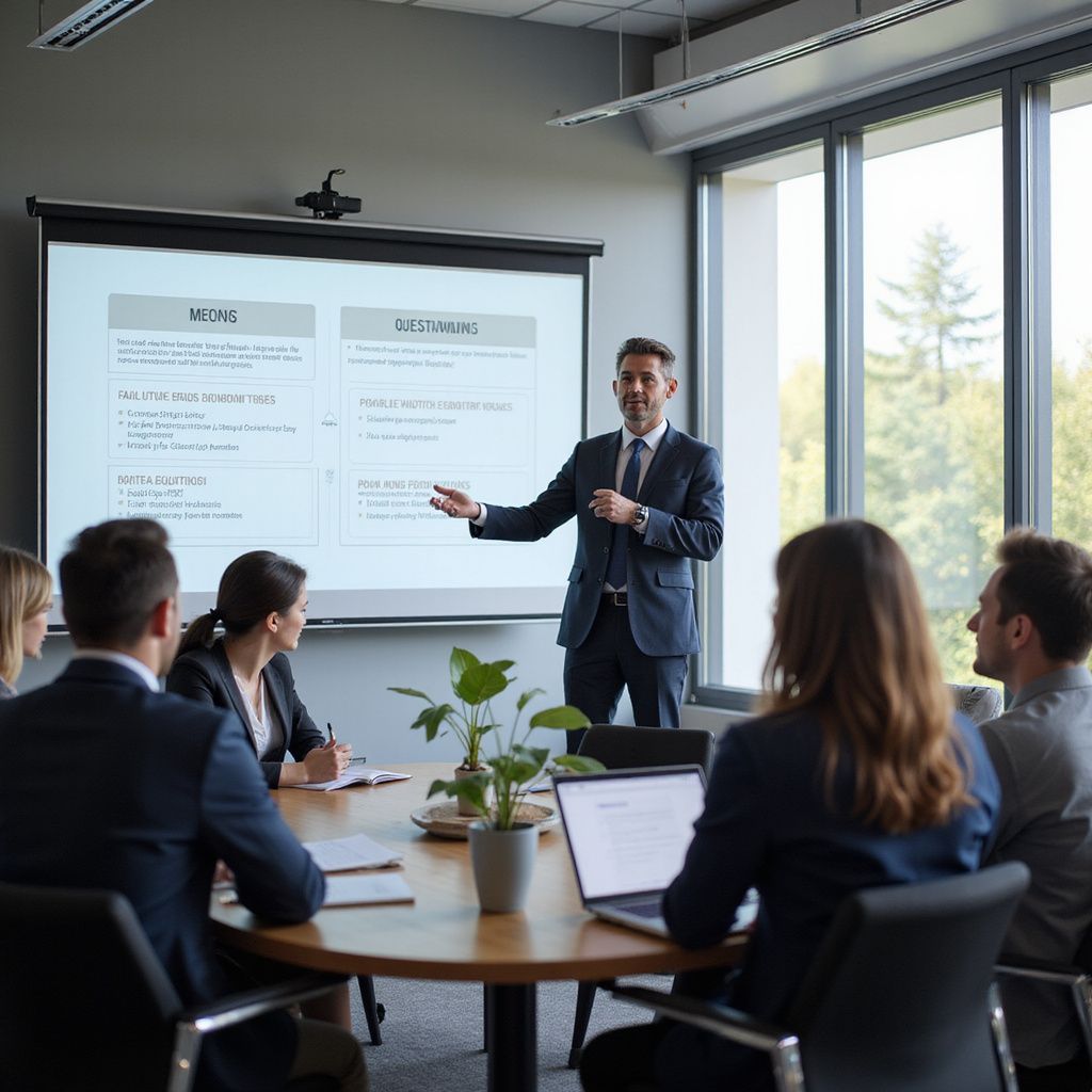 Man in a suit presents a slide during a meeting. Others sit at a round table, looking at the presentation.
