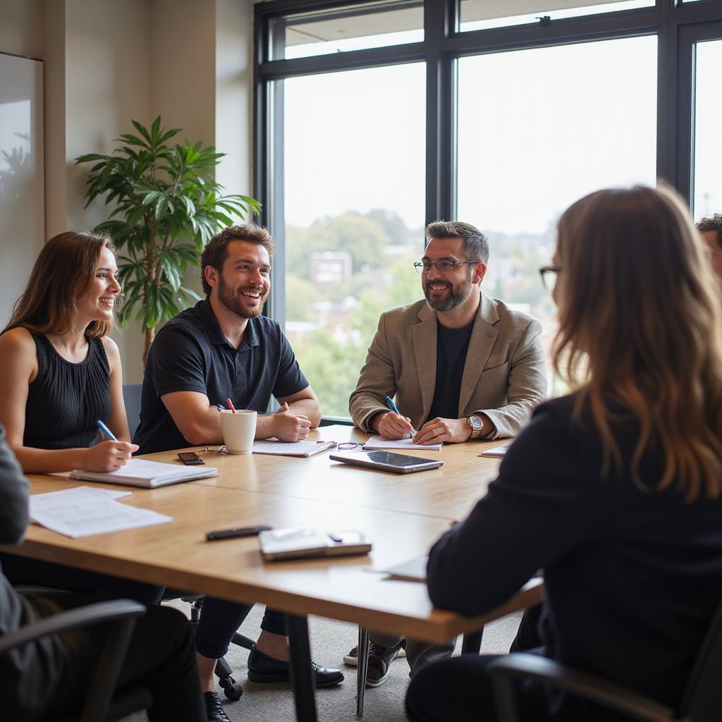 People smiling and writing at a conference table, trees visible outside a window.