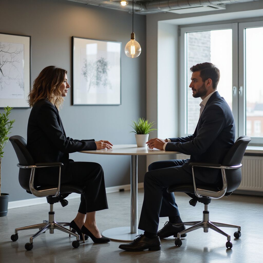 Two people in suits sitting at a round table, possibly in an office, facing each other.