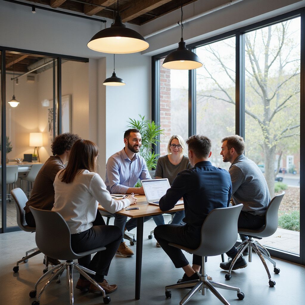 Group of people in business meeting around a table, large windows.
