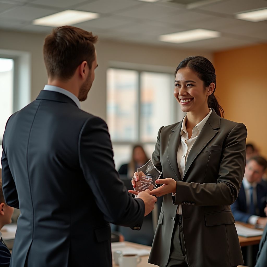 Man in suit handing an award to smiling woman in a suit during an event.
