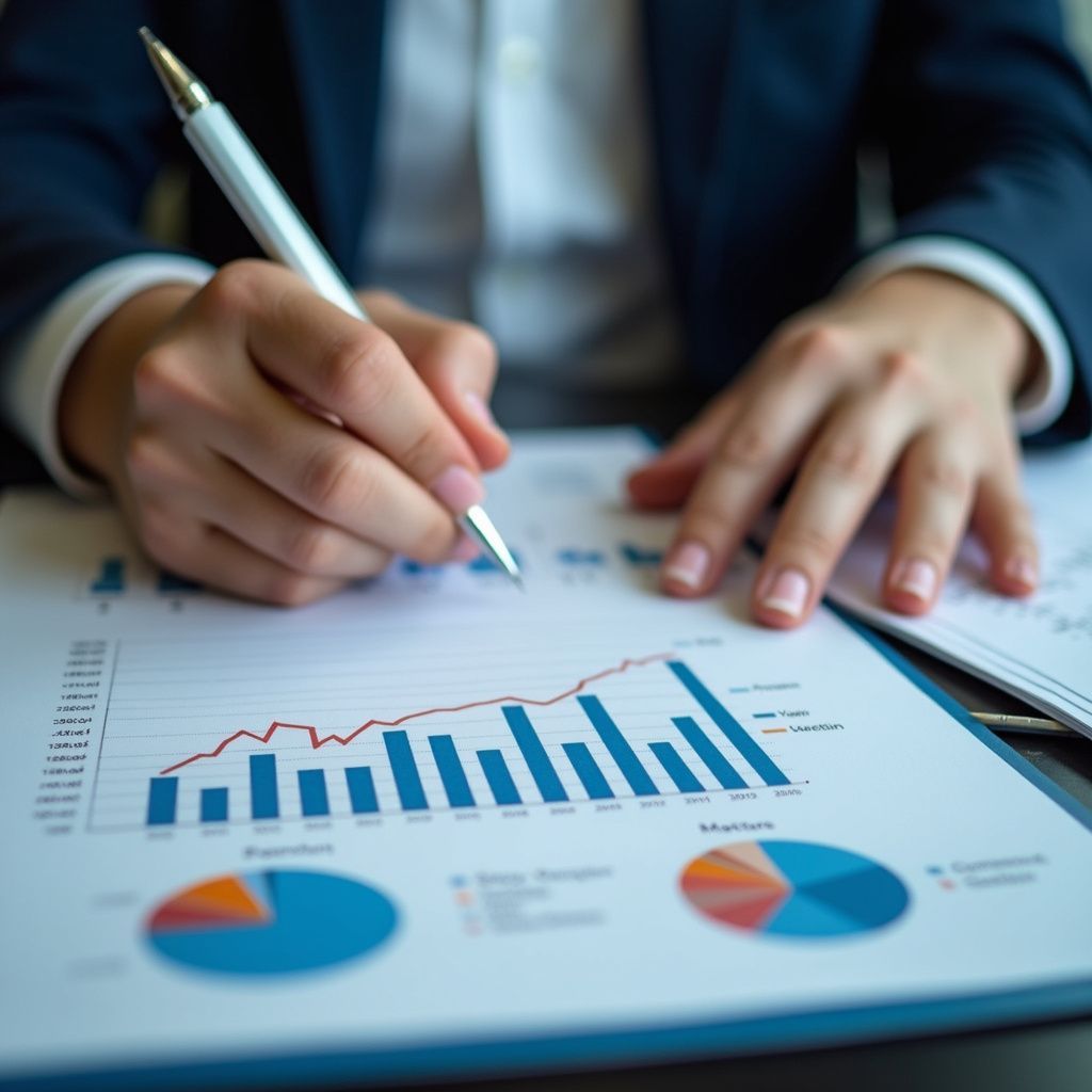 Person in suit writing on financial charts with blue and red graphs and pie charts.