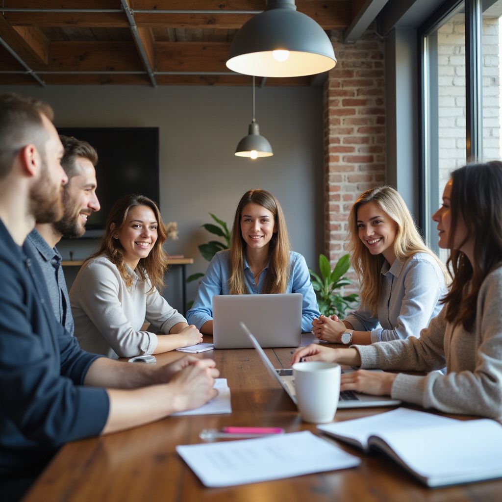 Group of people around a table, using laptops. Smiling, lit by overhead lighting in a brick-walled room.