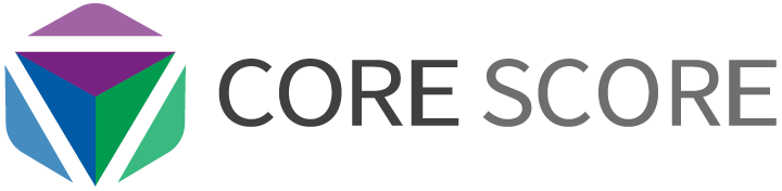 Core Score logo: a geometric hexagon with purple, blue, and green, beside gray text.