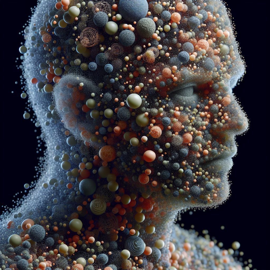 Profile of a human head constructed from small, multicolored spheres against a dark background.