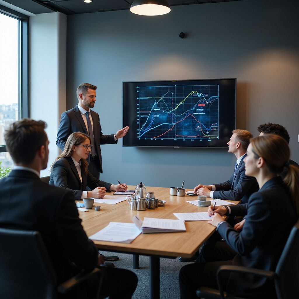 Business meeting: man presenting data on a screen to colleagues in a conference room.