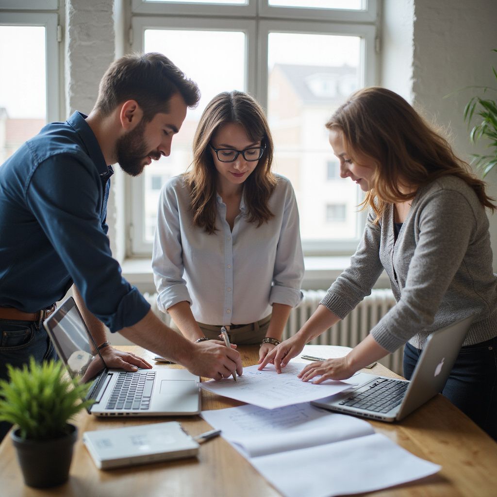 Three people collaborate around a desk, reviewing papers, with laptops open.