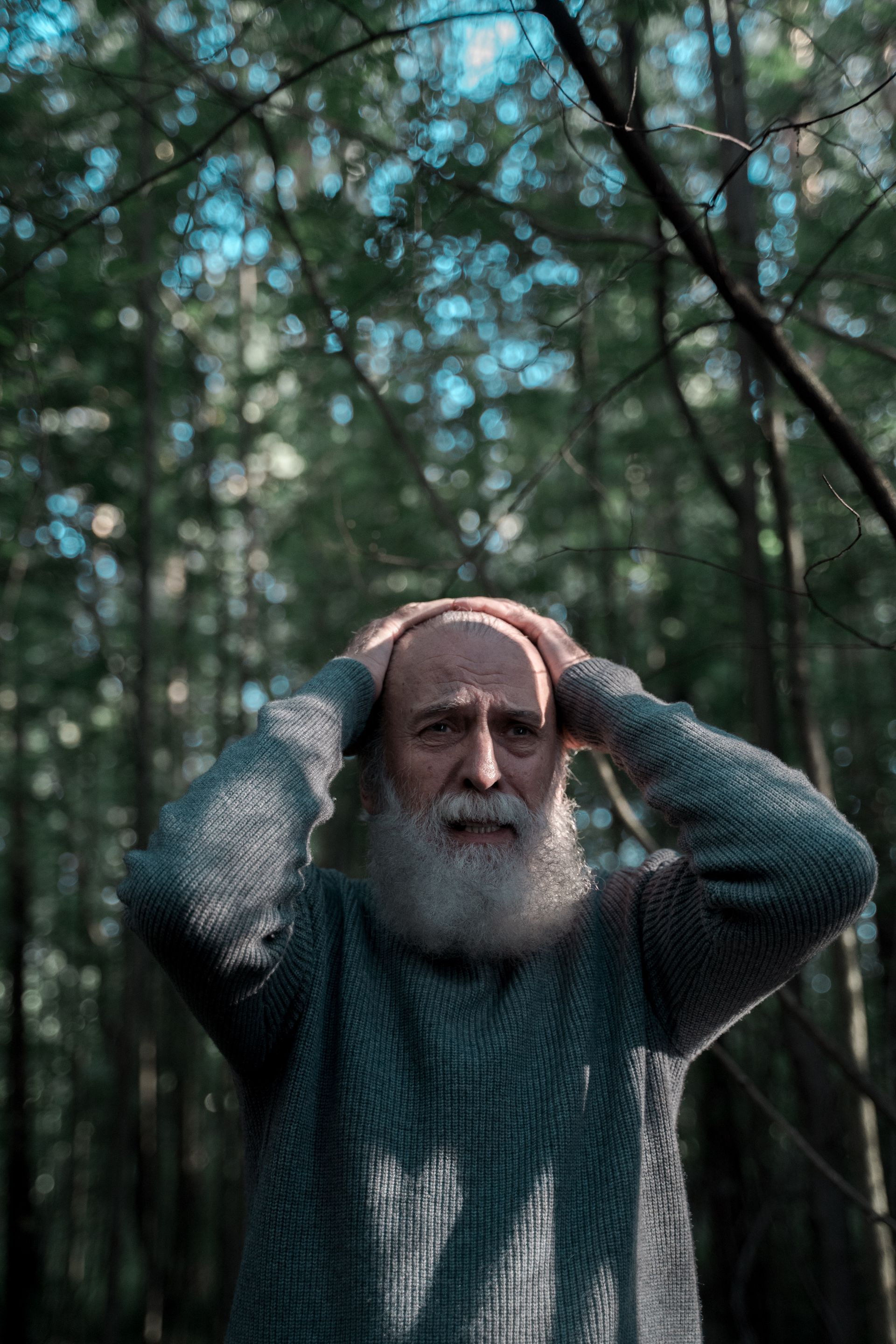 Man with a long white beard, hands on head, looks distressed in a forest.