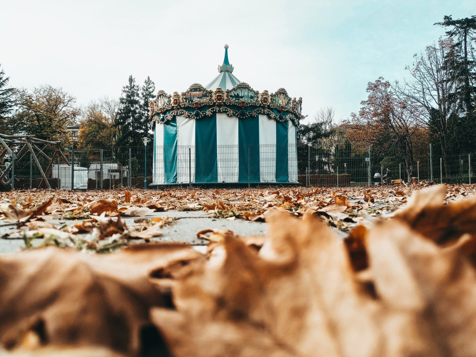 Carousel with white and teal stripes, surrounded by fallen autumn leaves.