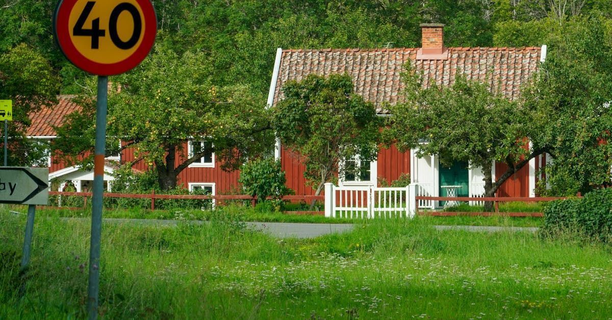 Red Swedish-style houses behind a 40 km/h speed limit sign, with green trees and grass.