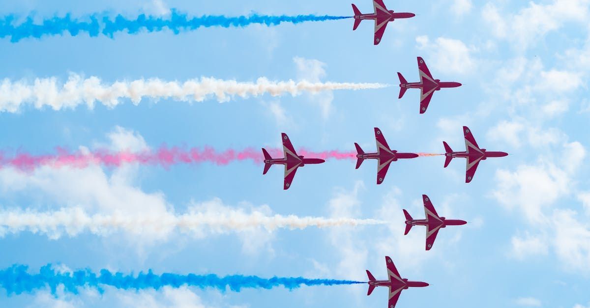 Red Arrows aerobatic team in formation, trailing red, white, and blue smoke against a blue sky.