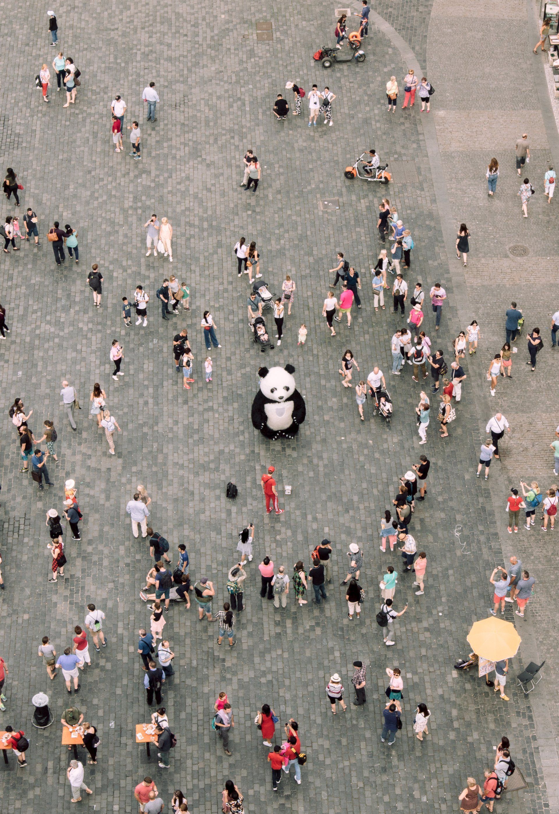 Large panda statue surrounded by people in a cobblestone square.